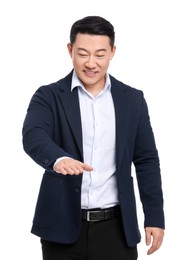 Businessman in suit posing on white background