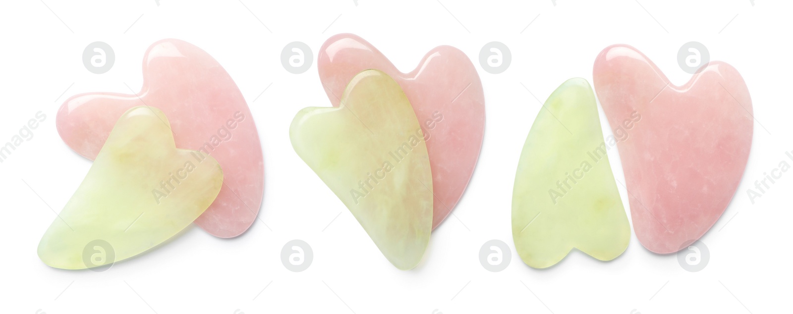 Image of Jade and rose quartz gua sha tools on white background, top view. Collage