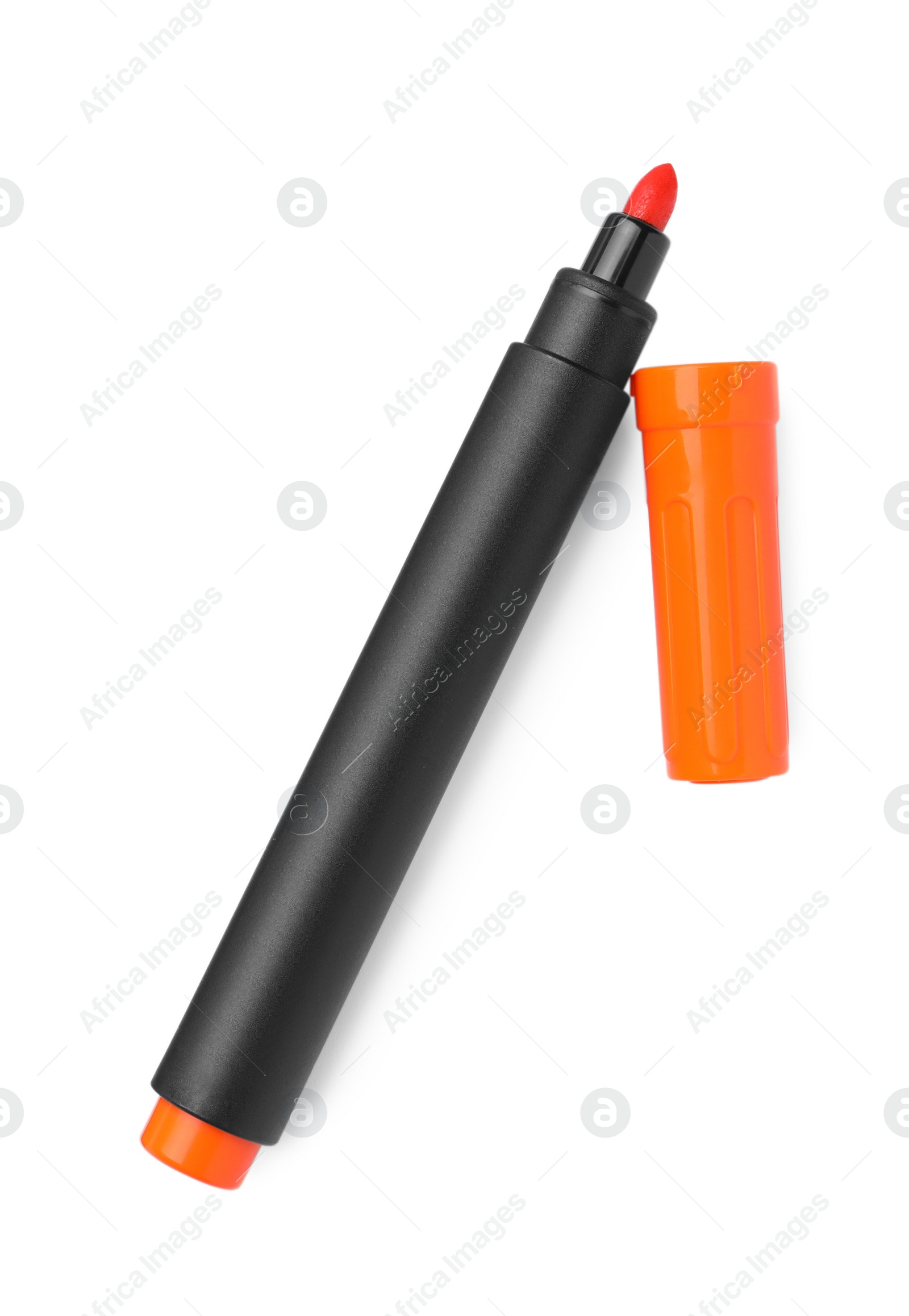 Photo of Bright orange marker isolated on white, top view. School stationery