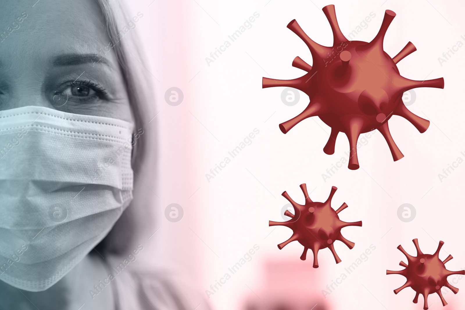 Image of Mature woman wearing medical mask during coronavirus outbreak