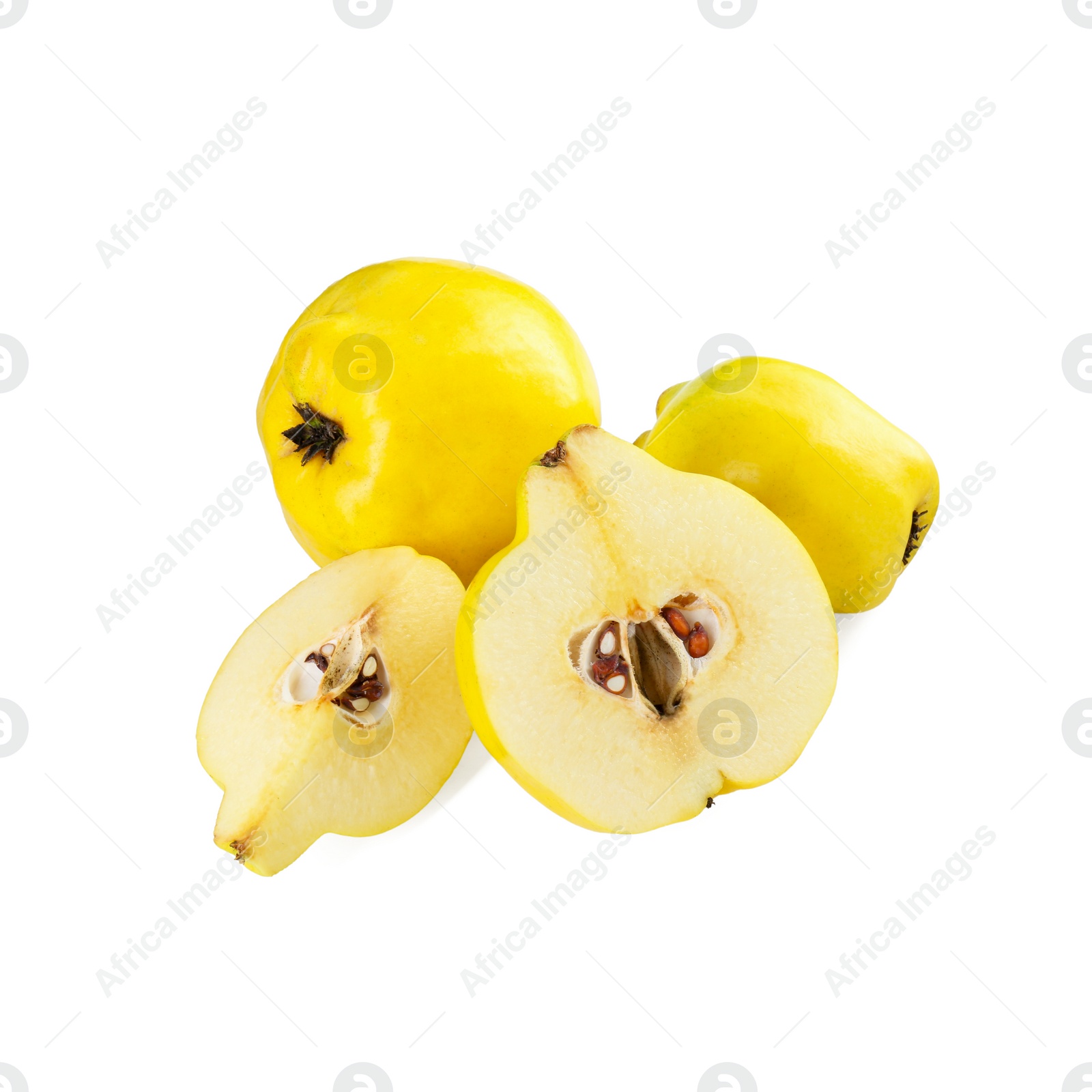 Photo of Ripe whole and cut quinces isolated on white