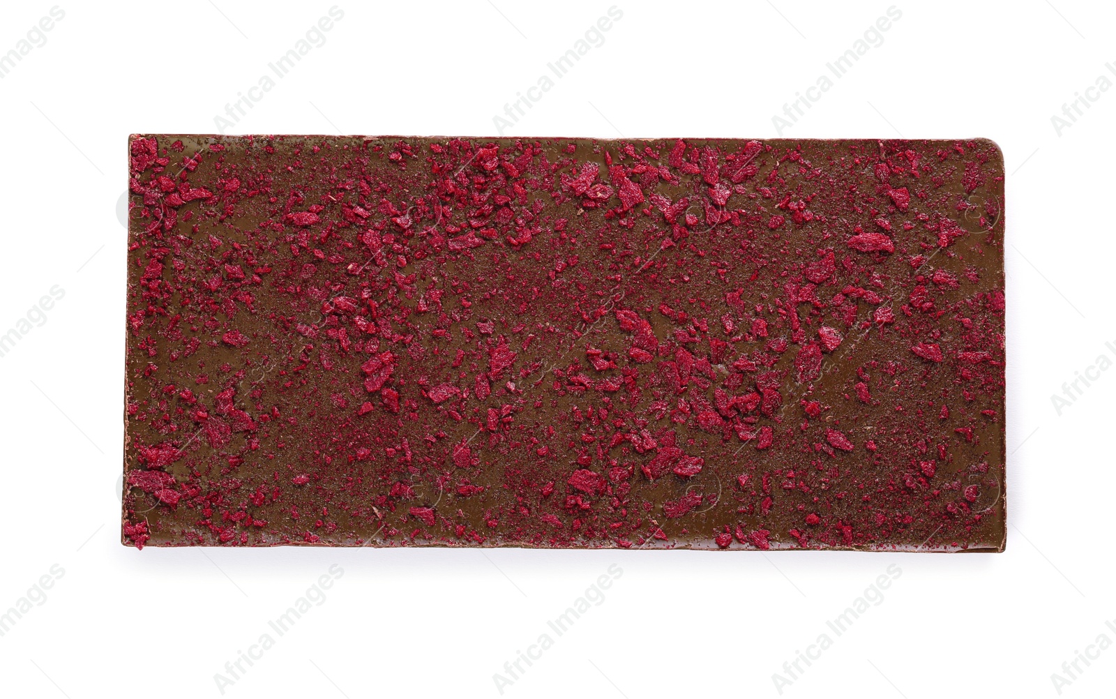 Photo of Chocolate bar with freeze dried fruits isolated on white, top view