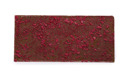 Chocolate bar with freeze dried fruits isolated on white, top view