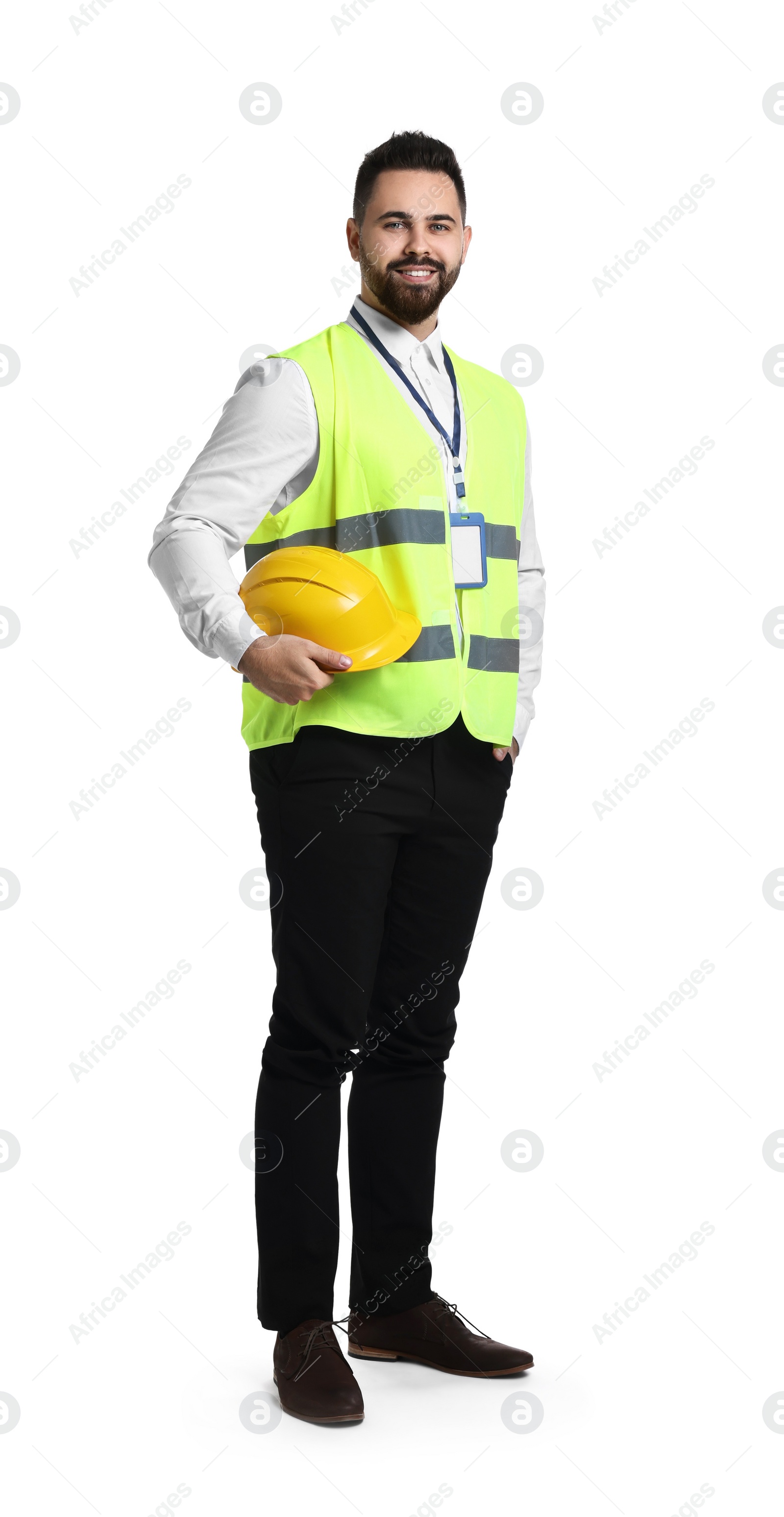 Photo of Engineer with hard hat and badge on white background