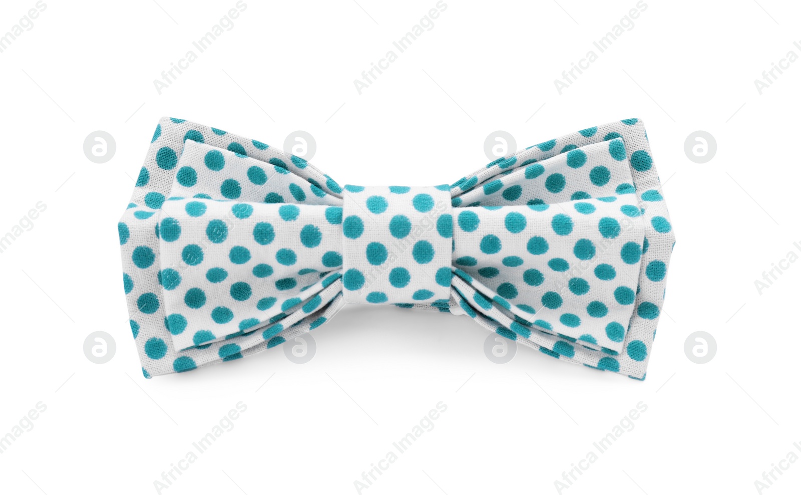 Photo of Stylish bow tie with green polka dot pattern on white background