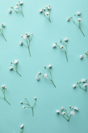 Photo of Beautiful gypsophila flowers on turquoise background, flat lay