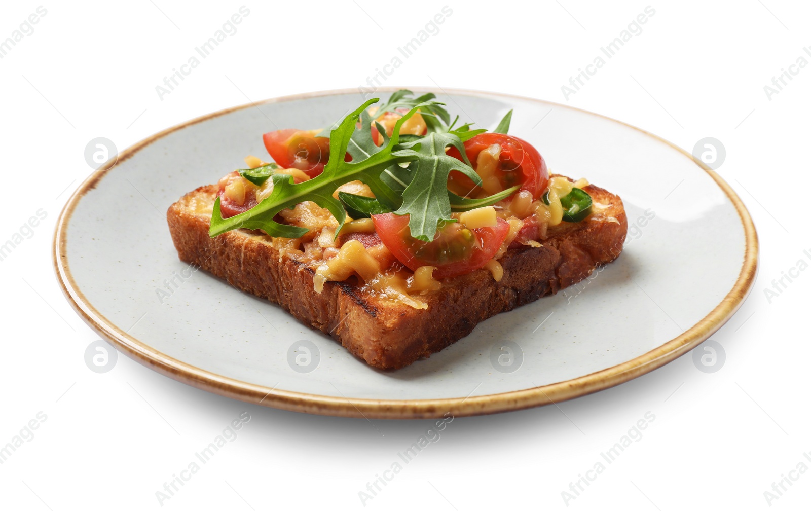 Photo of Plate with tasty pizza toast isolated on white