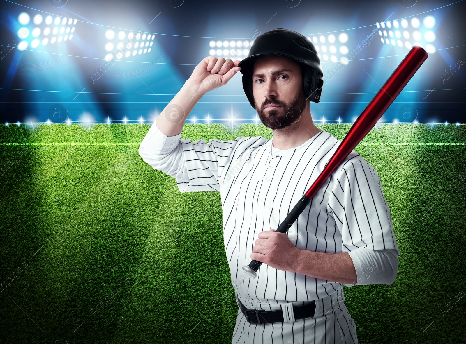 Image of Professional baseball player with bat on stadium