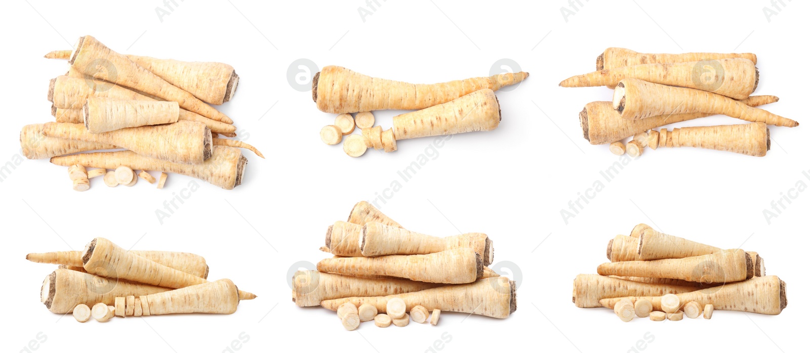 Image of Collage with whole and cut parsley roots on white background