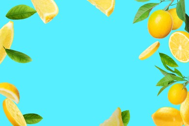 Fresh ripe lemons and green leaves on turquoise background. Space for text