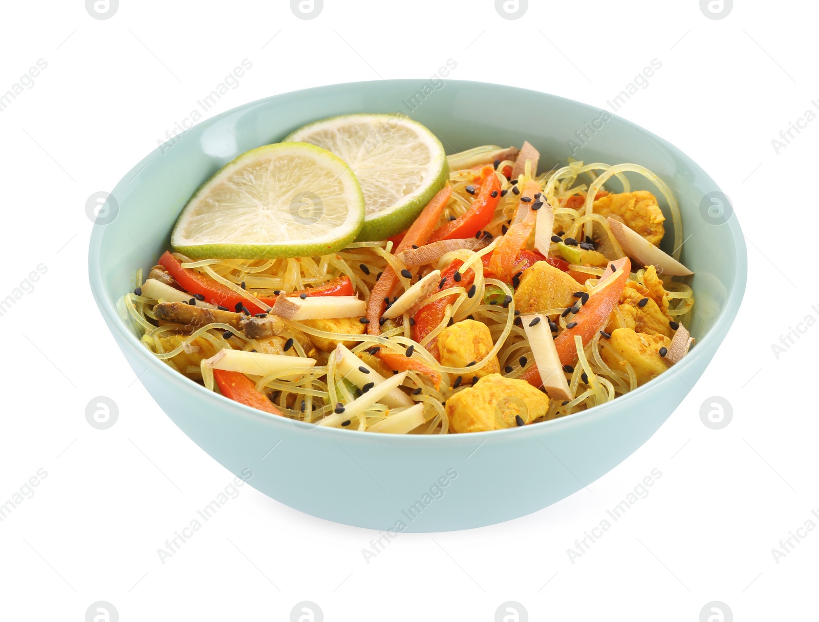 Photo of Stir-fry. Delicious cooked noodles with chicken and vegetables in bowl isolated on white