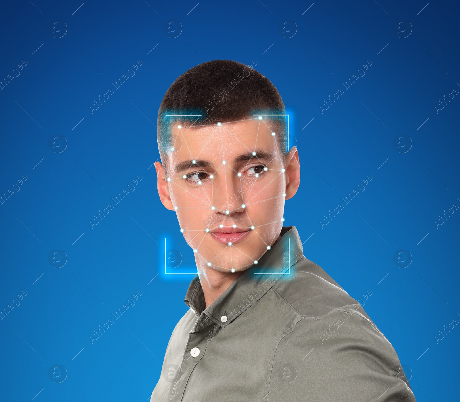 Image of Facial recognition system. Young man with scanner frame and digital biometric grid on blue background