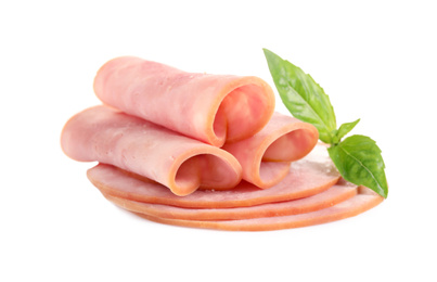 Slices of tasty fresh ham with basil isolated on white