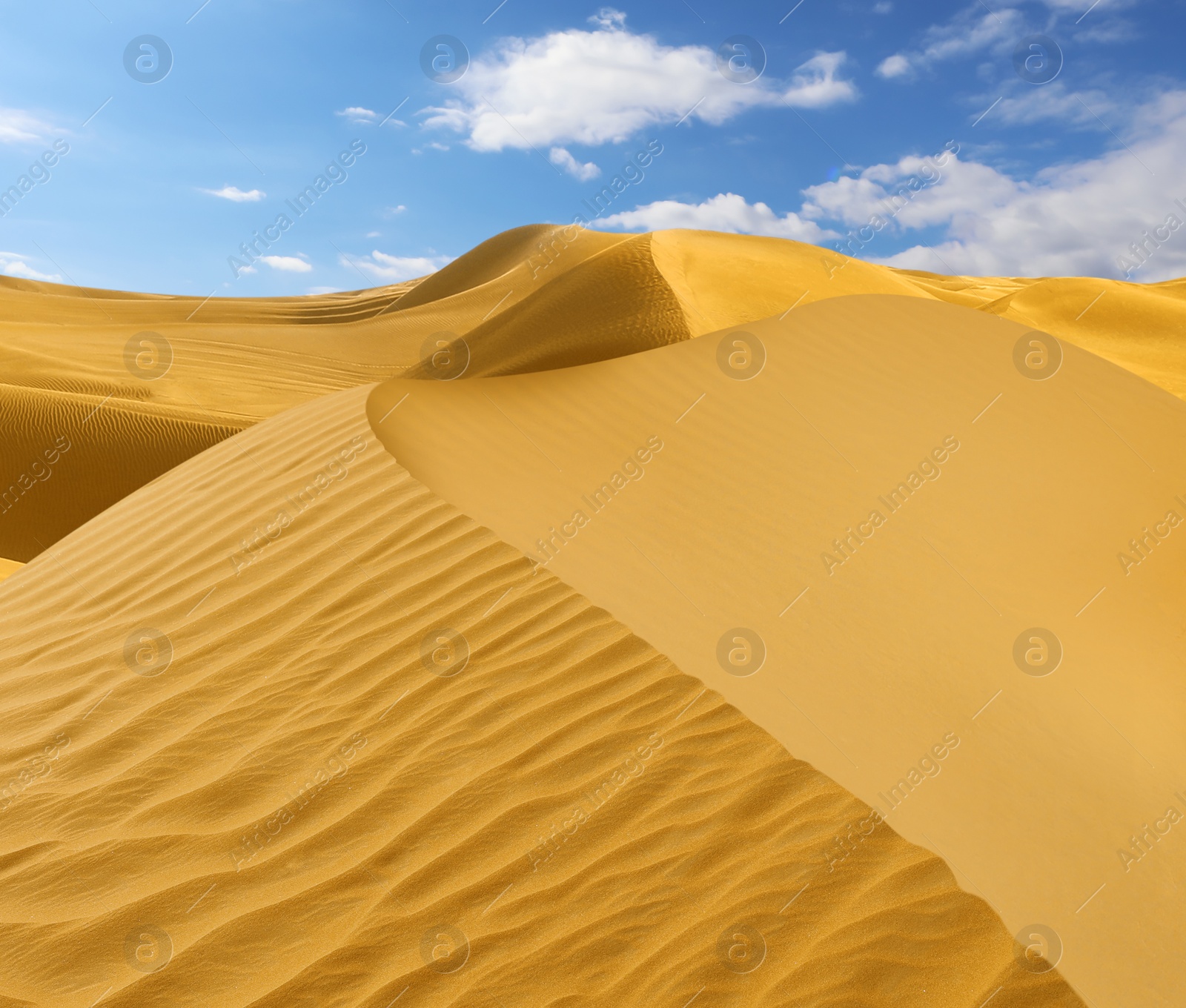 Image of Picturesque view of sandy desert and blue sky on hot sunny day 