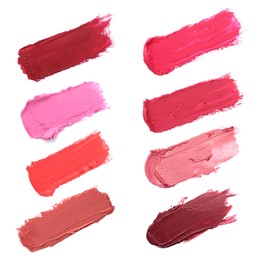 Image of Smears of different beautiful lipsticks on white background, top view