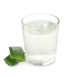 Photo of Fresh aloe drink in glass and leaf slices on white background