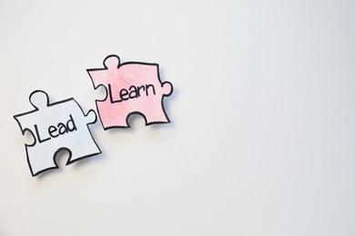 Photo of Paper puzzle pieces with words Lead and Learn on white background, flat lay. Space for text
