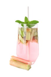 Glass of tasty rhubarb cocktail isolated on white