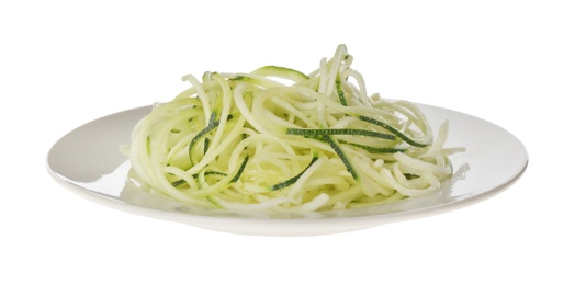 Delicious fresh zucchini pasta on white background