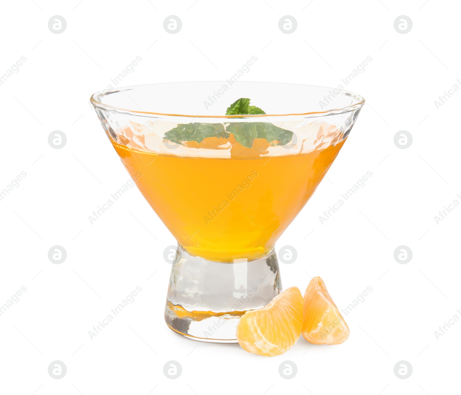 Photo of Delicious tangerine jelly with mint on white background