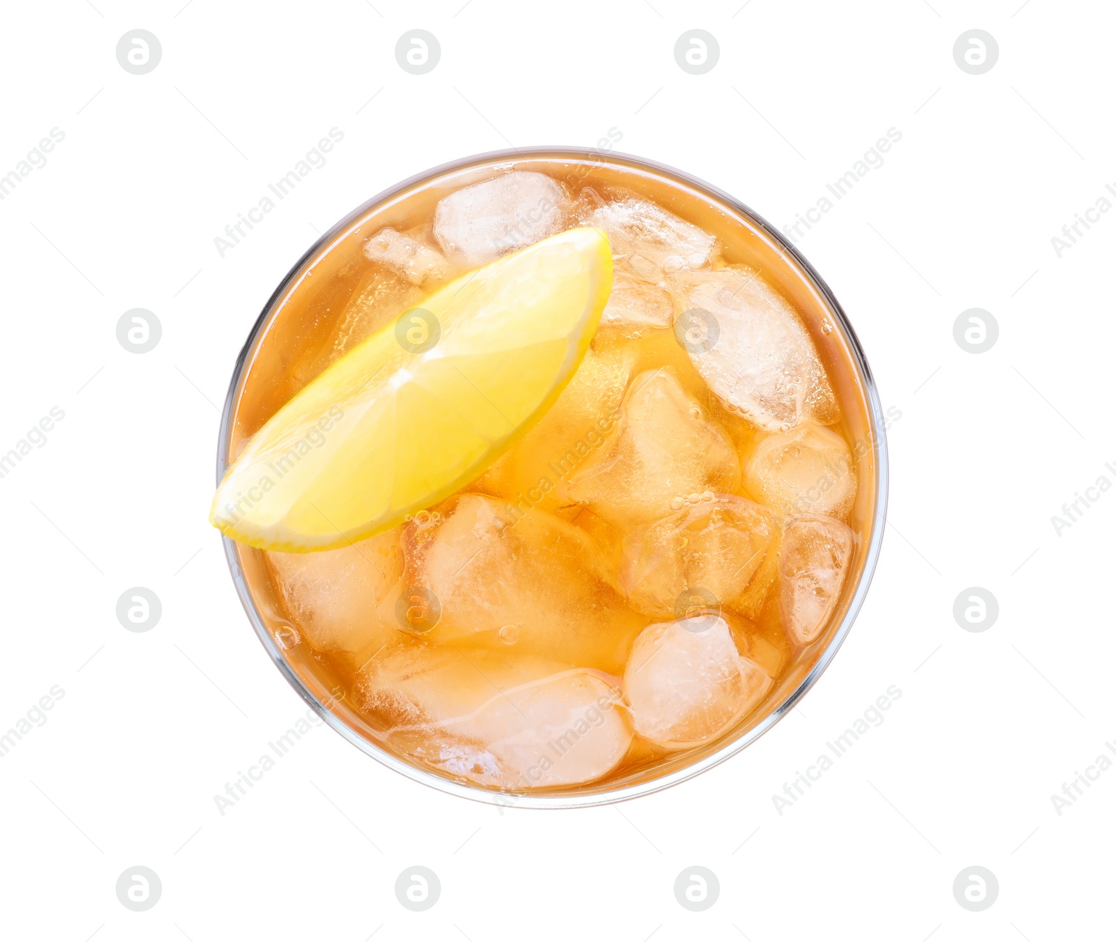 Photo of Delicious iced tea in glass on white background, top view