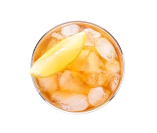 Photo of Delicious iced tea in glass on white background, top view