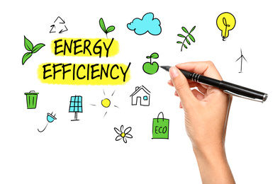 Image of Energy efficiency concept. Woman drawing on white background