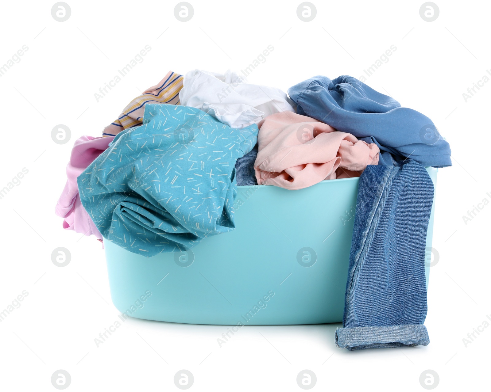 Photo of Basin full of dirty laundry isolated on white