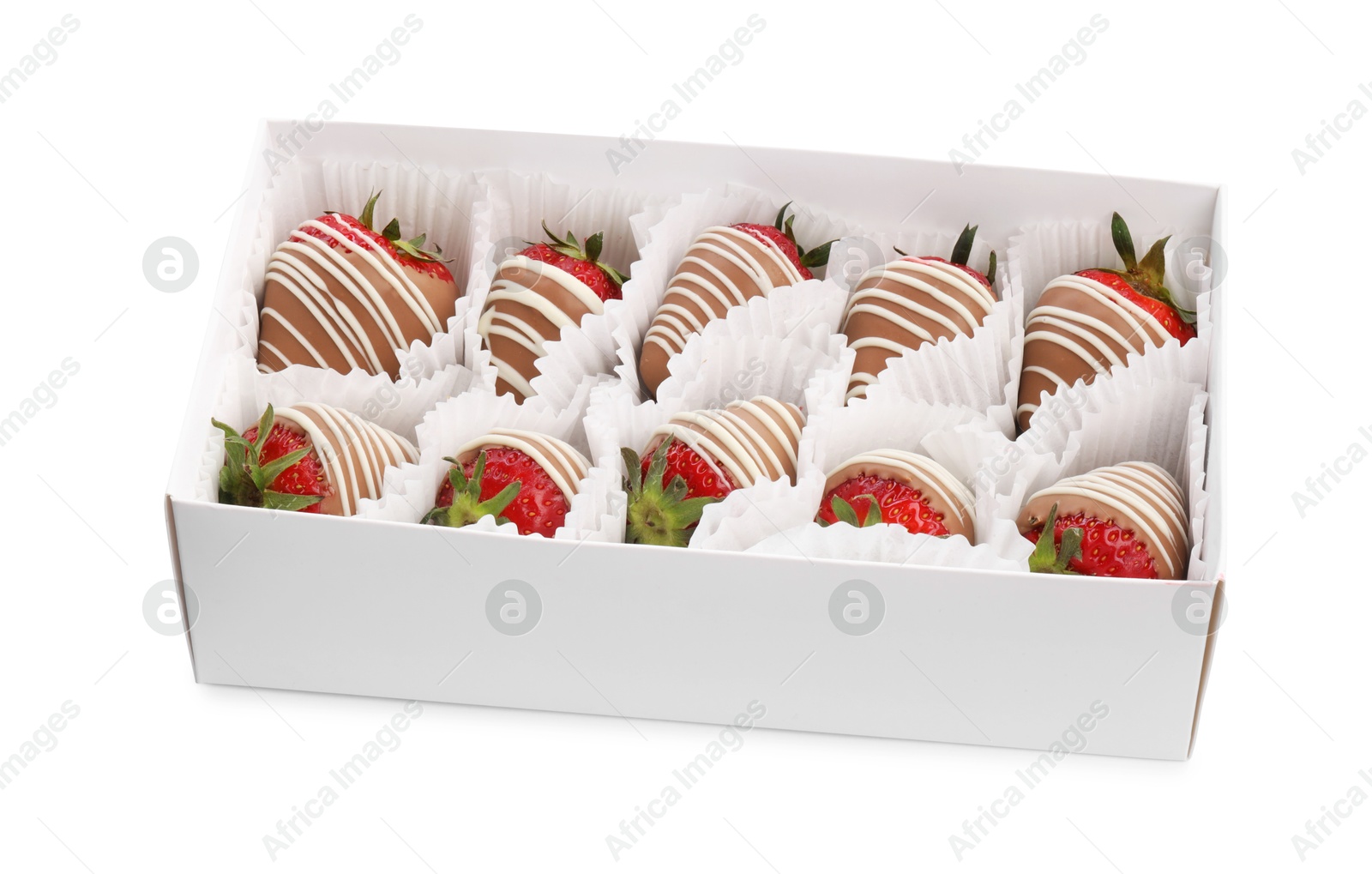 Photo of Box with delicious chocolate covered strawberries isolated on white