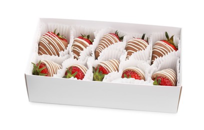 Box with delicious chocolate covered strawberries isolated on white