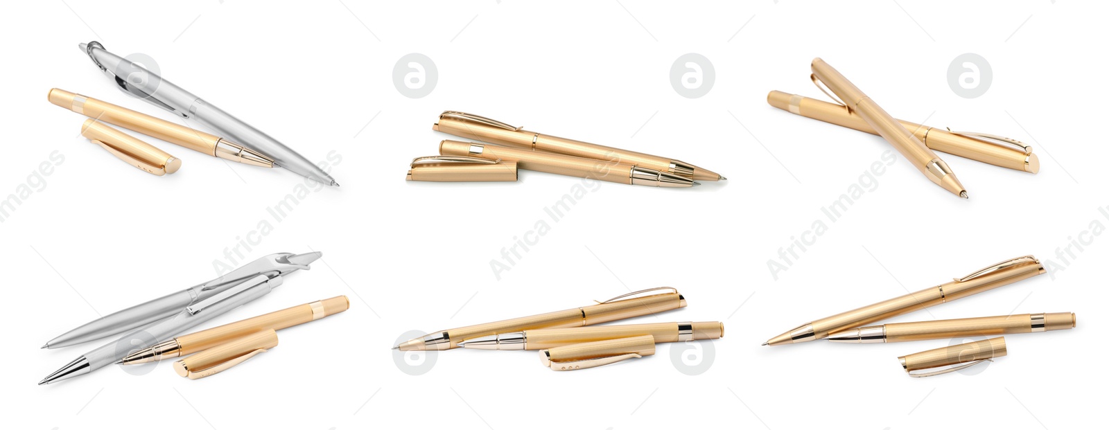 Image of Collage with golden and silver pens on white background