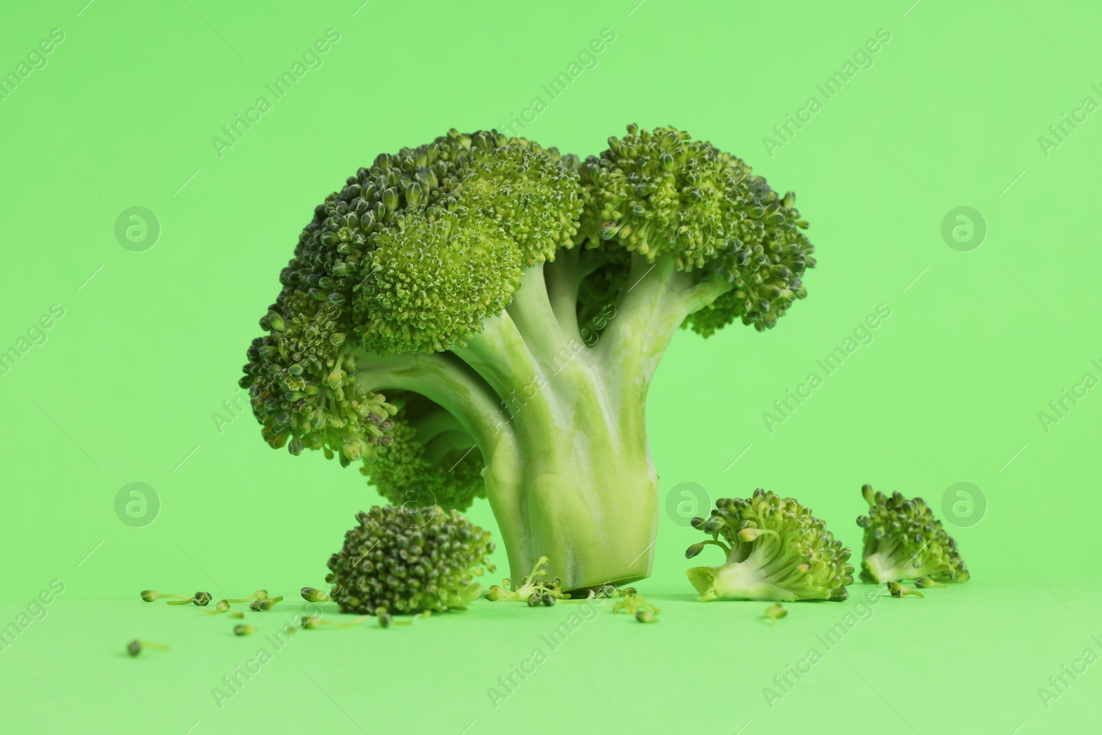 Photo of Fresh raw broccoli on light green background