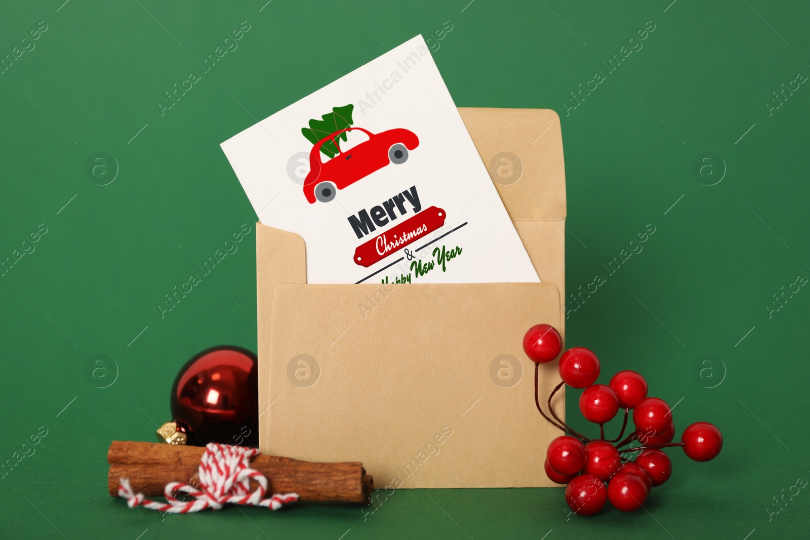 Image of Greeting card with text Merry Christmas and Happy New Year on green background