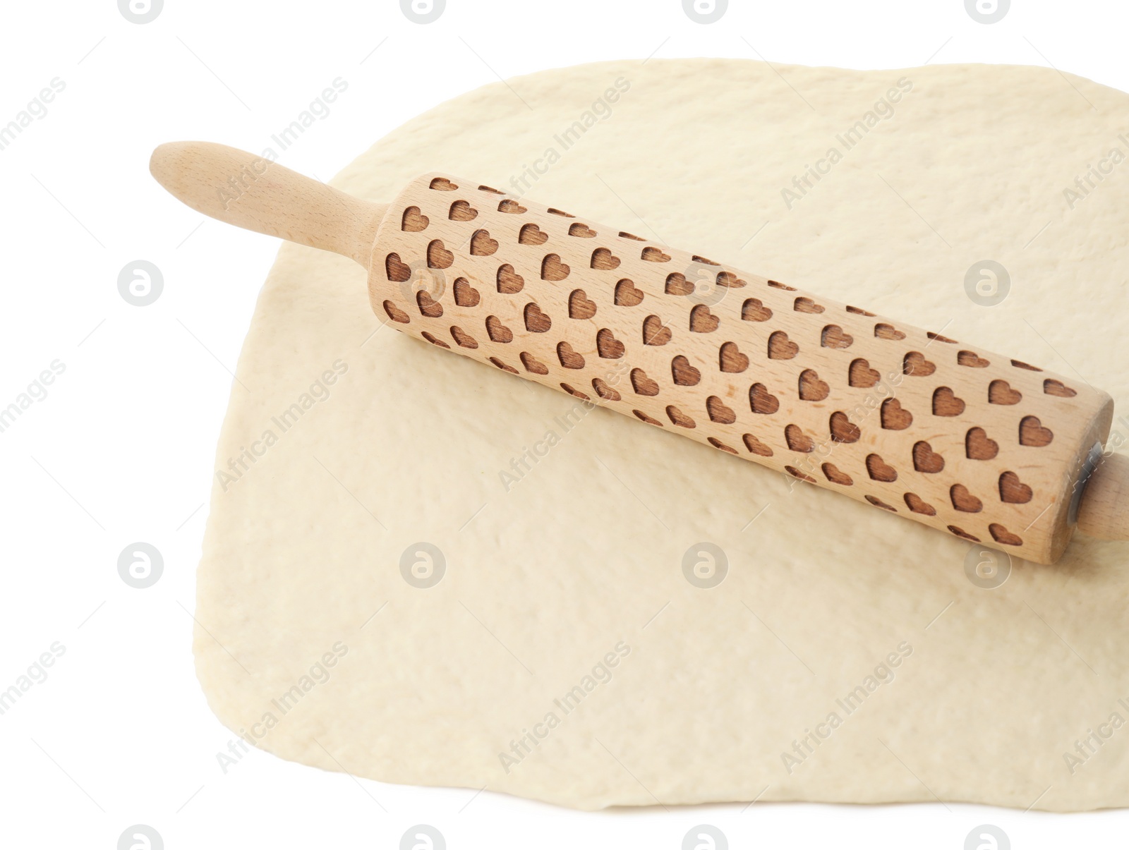 Photo of Raw dough and rolling pin isolated on white