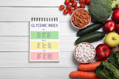 Image of Glycemic index. Information about grouping of products under their GI in notebook, fruits, vegetables, almonds and beans on white wooden table, flat lay