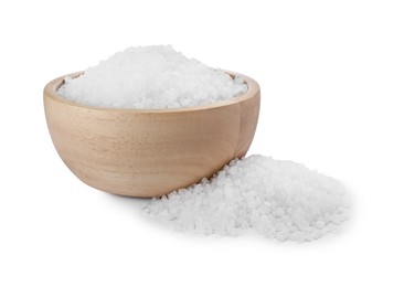 Photo of Wooden bowl and heap of natural sea salt isolated on white
