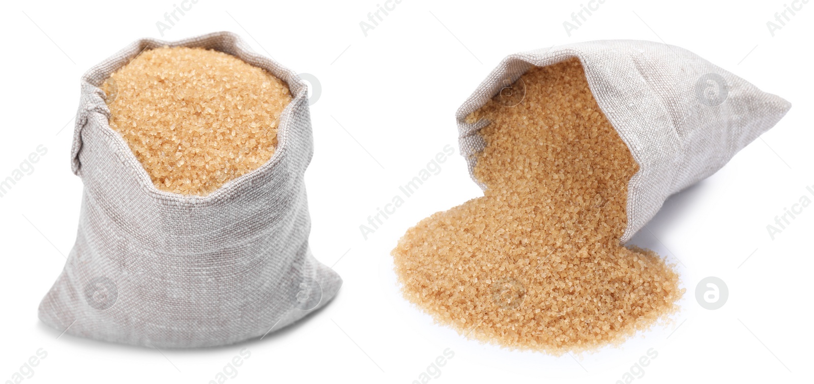 Image of Bags with brown sugar on white background, banner design