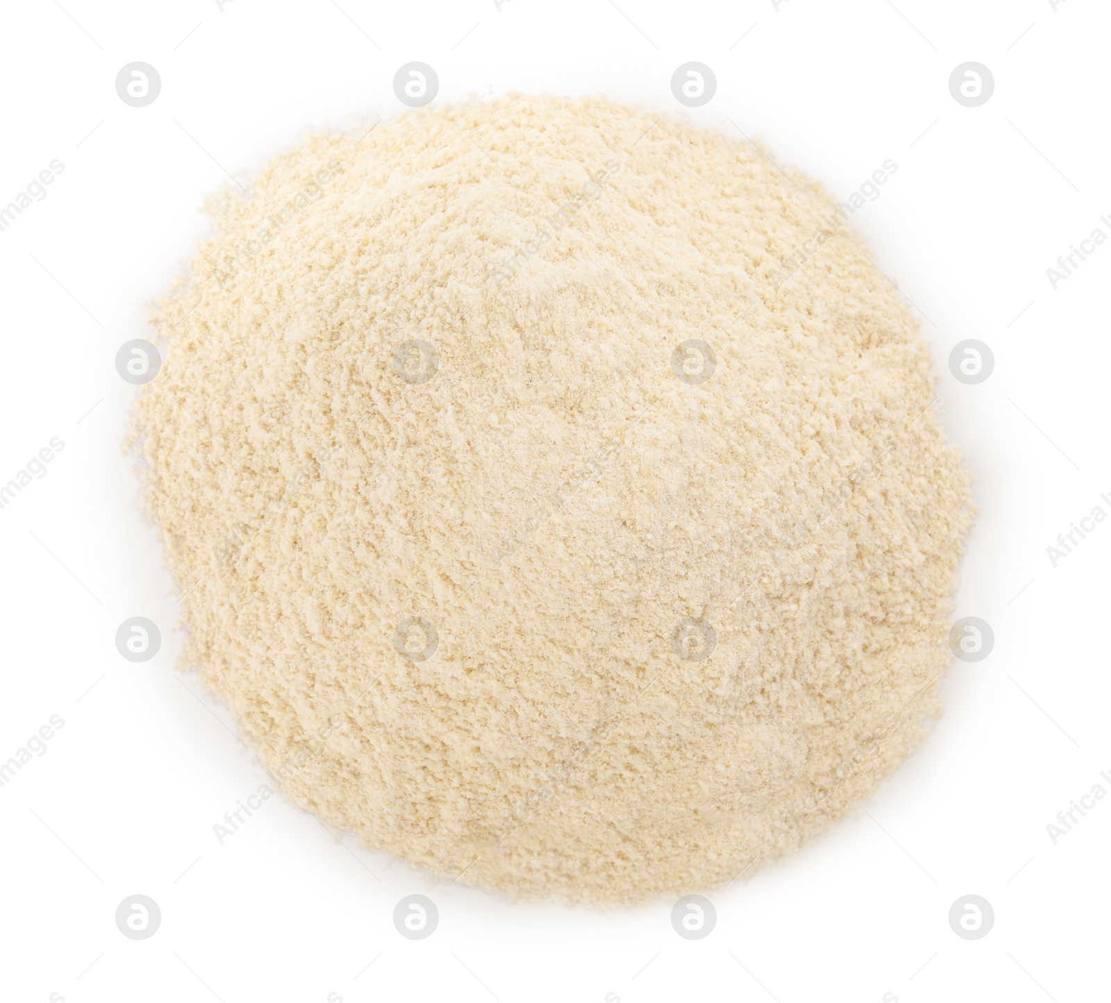 Photo of Heap of quinoa flour on white background, top view