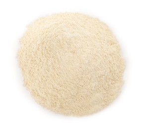 Photo of Heap of quinoa flour on white background, top view