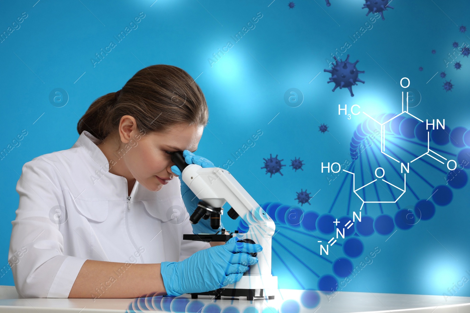 Image of Scientist using modern microscope at table against blue background. Researching of virus