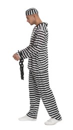 Photo of Prisoner in striped uniform with chained hands on white background