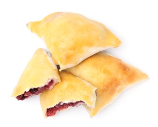 Photo of Tasty samosas with berry filling isolated on white, top view