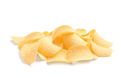 Tasty crispy potato chips on white background