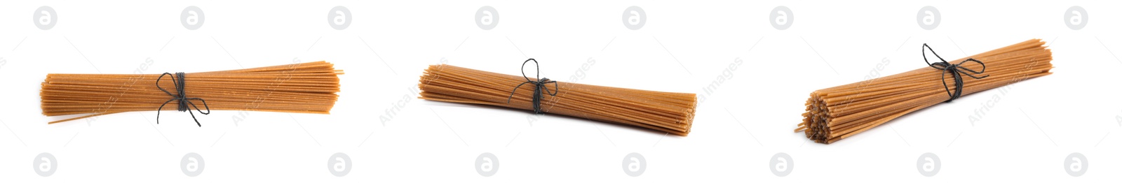 Image of Set with tied uncooked buckwheat noodles on white background. Banner design