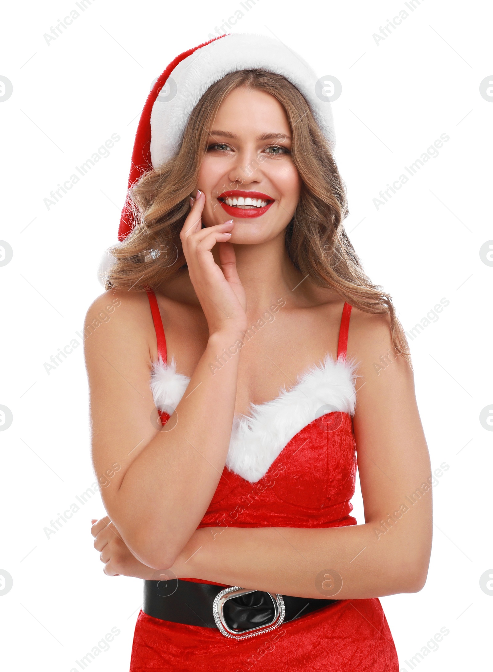 Photo of Beautiful Santa girl on white background. Christmas celebration