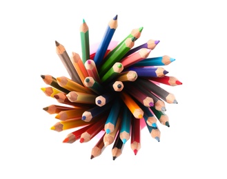 Photo of Different color pencils on white background, top view. School stationery