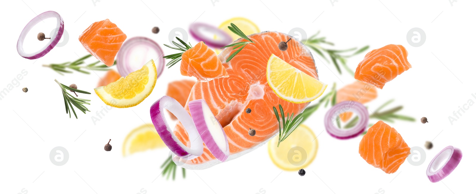 Image of Delicious fresh raw salmon and different spices on white background. Banner design 