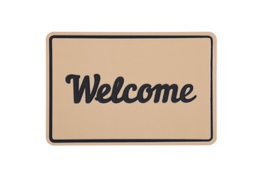 Photo of Beige doormat with word Welcome isolated on white, top view