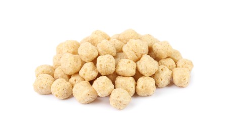 Photo of Pile of tasty corn balls on white background. Healthy breakfast cereal