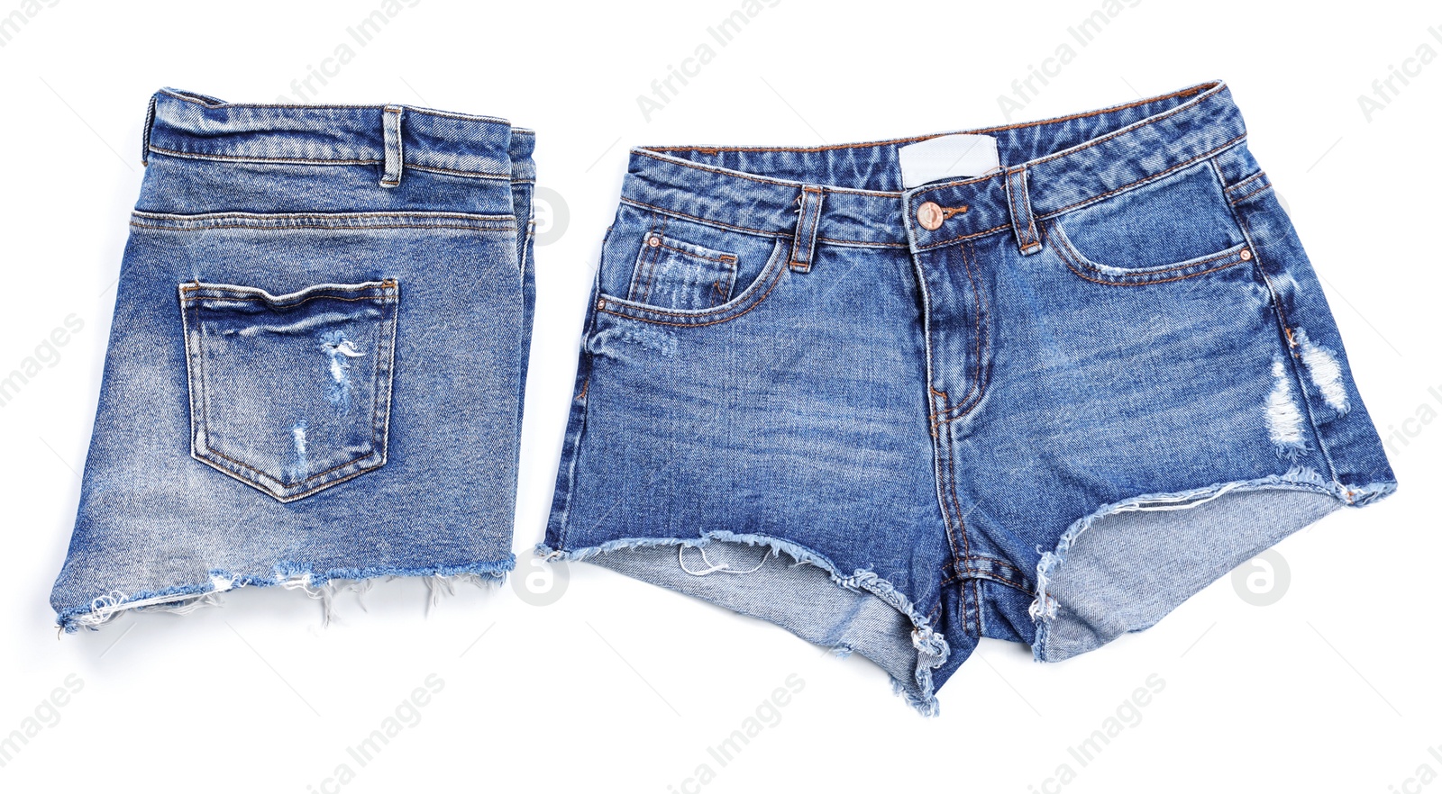 Photo of Stylish jean shorts on white background, top view